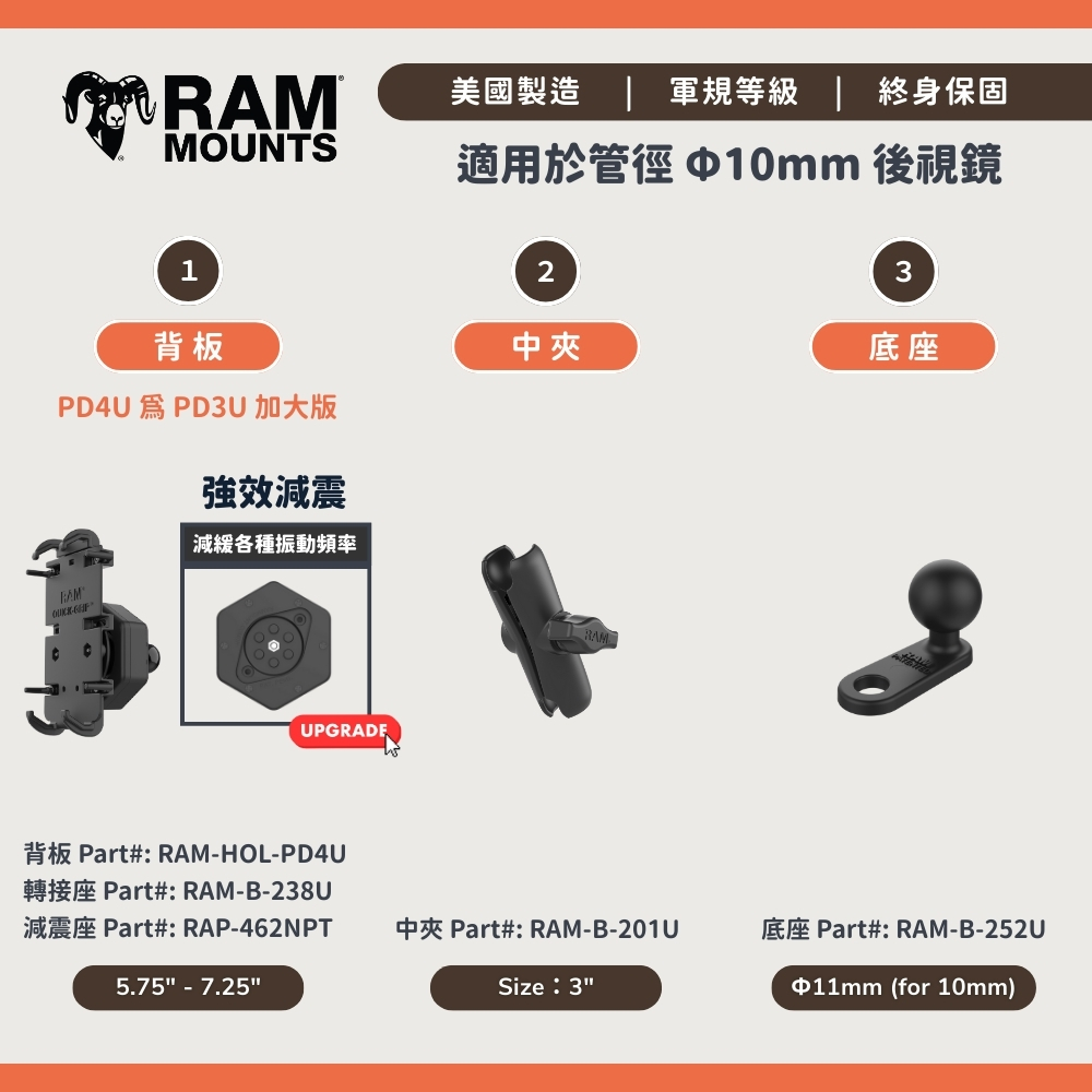 Extreme Series - RAM® Quick-Grip™ 手機支架套組 - 適用於10mm後視鏡